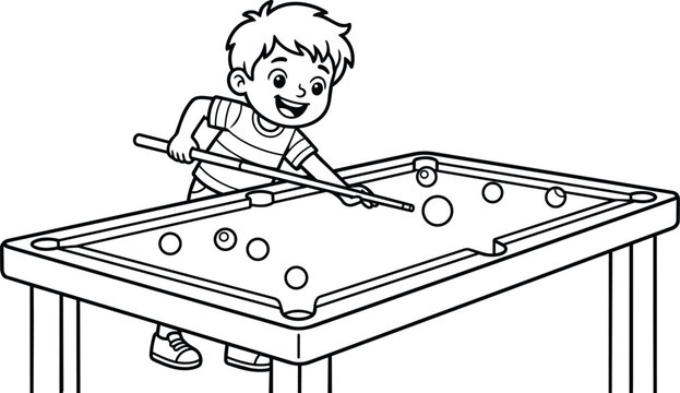 Child playing pool with cue at billiard table in a game room
