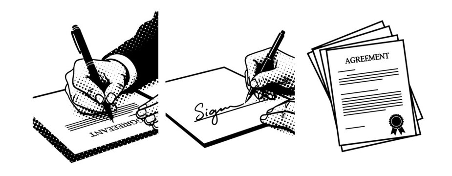 Hand signing contract documents on white studio background. not ideal dots