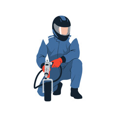 Obraz premium Professional Pit Crew Mechanic Vector Illustration Featuring a Racing Technician in Protective Gear and Helmet Performing High-Speed Maintenance During a Motorsport Pit Stop