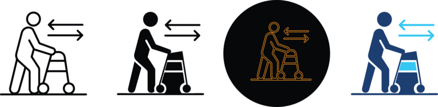 Four variations of elderly person icon using a walking frame