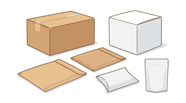 Collection of shipping and packaging materials including boxes envelopes padded mailers and a pouch isolated on white background