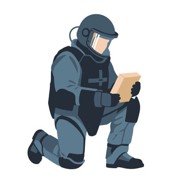 Professional vector illustration of a bomb suit technician wearing full EOD protective gear and blast helmet, specialist in explosive ordnance disposal equipment and safety procedures.