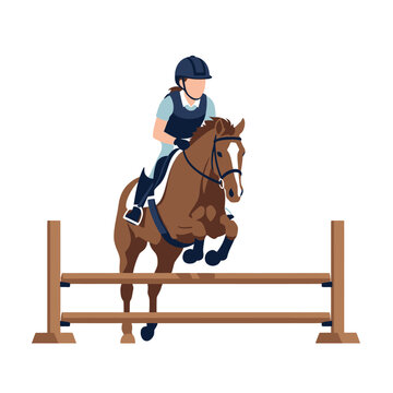 Professional equestrian show jumping vector illustration showing a horse and rider leaping over a stadium hurdle obstacle during an outdoor equine sports competition on white background.
