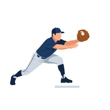 Vector illustration of a professional baseball first baseman stretching to catch a ball while keeping a foot on the base, isolated on a white background for sports design.