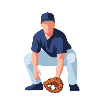 Vector illustration of a professional baseball infielder in a low defensive fielding stance on a dirt diamond, wearing a uniform and glove, ready to catch a ground ball or play defense.