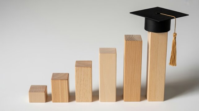 Graduation cap on rising wooden block graph, academic career growth and educational success concept, professional development and learning progress