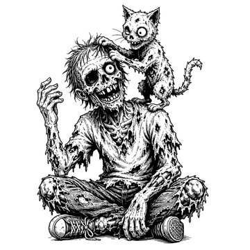 : A seated zombie character with a cat on its shoulder in a detailed black and white Halloween illustration, combining creepy horror with a playful companion animal.