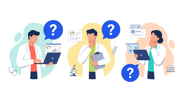 Medical Professionals Pondering with Question Marks and Data Graphics