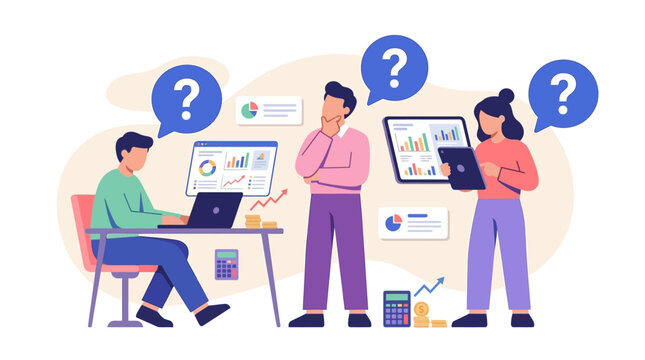 Business team analyzing data charts and graphs, facing questions and uncertainty.