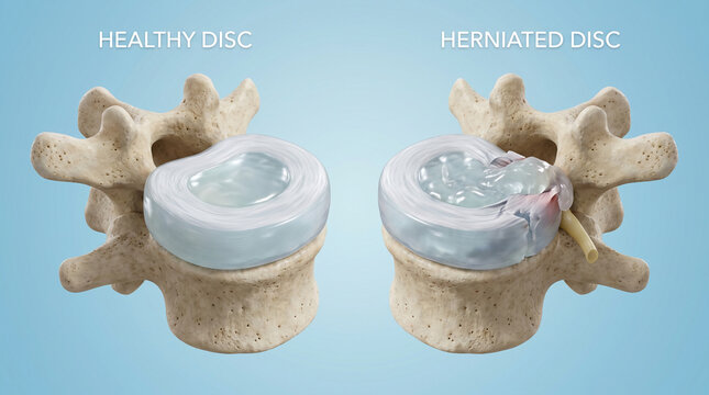 3D Anatomy Comparison of Healthy Spinal Disc and Herniated Disc Causing Nerve Compression