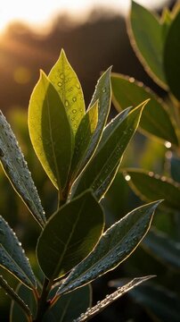 Backlit laurel leaves with dew captured in a threepanel triptych at sunrise, golden light illuminating droplets and subtle motion in nature