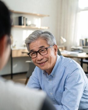 Close-up of a friendly senior Asian professor or teacher with grey hair and glasses, smiling while talking to a student in a warm classroom office.