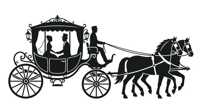 Vintage wedding carriage silhouette, elegant horse drawn coach with bride and groom, classic victorian transportation vector for invitations