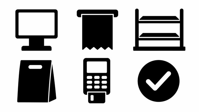 Retail icons: monitor, receipt, shelf, bag, card reader, checkmark