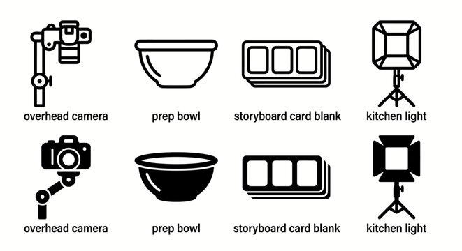 Camera equipment and kitchen tools: overhead camera, prep bowl, storyboard cards, kitchen light