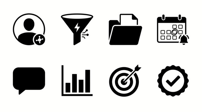 Set of business icons: user, funnel, file, calendar, chat, chart, target, badge