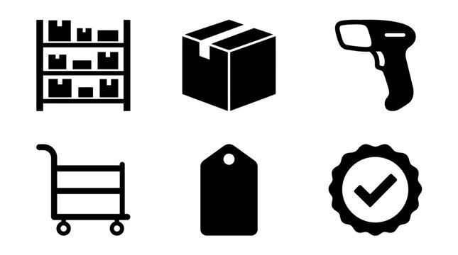 Warehouse and retail icons: shelving, package, scanner, cart, tag, badge