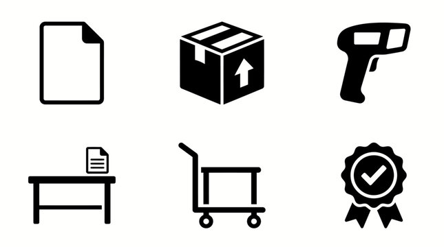 Logistics icons: document, package, scanner, desk, cart, badge