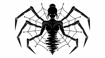 Mechanical spider woman silhouette with tech web background. © r.siti88
