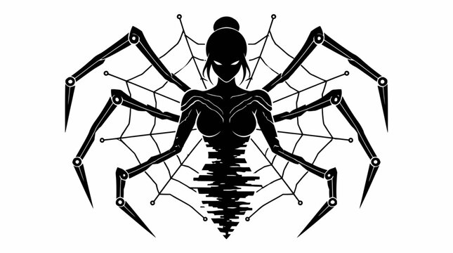 Mechanical spider woman silhouette with tech web background.