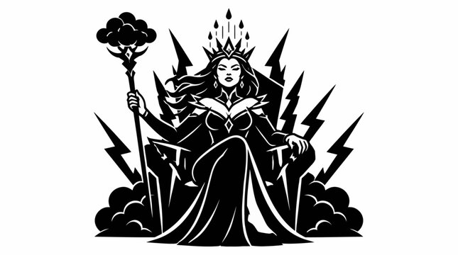 Dark queen on throne with lightning bolts icon.