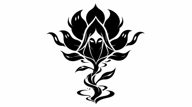 Hooded figure inside stylized lotus bloom.