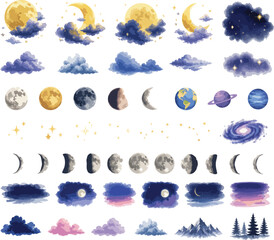 Celestial objects and night sky elements vector set, moon phases, planets, stars, clouds, and mountains illustration collection © MDMUKTADIR
