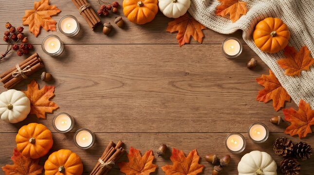 Autumn harvest decor with pumpkins candles and leaves on wooden table