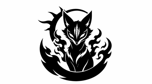 Fox silhouette within crescent flame moon.