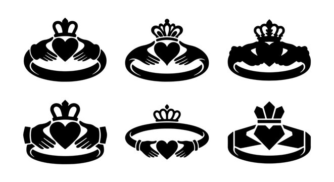 Claddagh Ring Icons, Irish Love Symbol Vector Set, Celtic Friendship Emblem Graphics