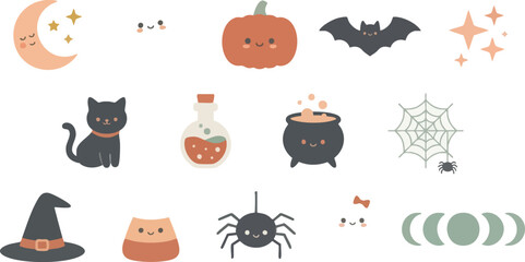 Cute hand-drawn halloween illustration set with sleeping moon, bat, pumpkins, black cat, and witch hat, cartoon style vector graphic