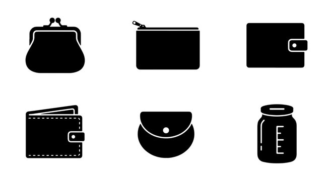Black Silhouette Icons: Coin Purse, Zipper Pouch, Wallet, Billfold, Clutch Bag, Jar