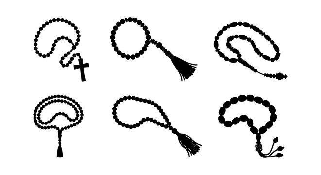 Islamic Prayer Beads, Tasbih Collection, 6 Black Vector Icons, Spiritual Meditation Tools