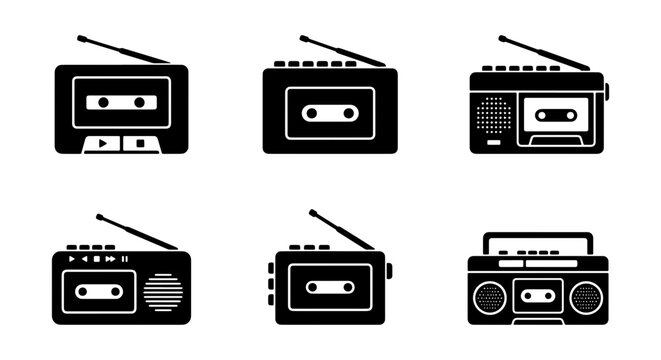Retro Cassette Player Icons, Vintage Boombox Graphics, Portable Audio Device Vector Set