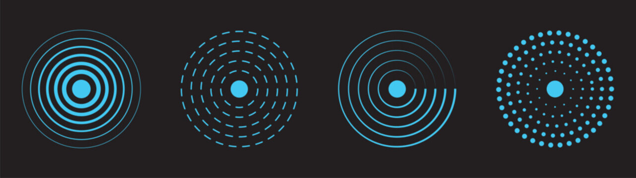 Concentric ripple circles set. Radial signal or vibration elements. Hypnotic vertigo spiral. Sound wave rings collection. Linear set of radar, sonar waves, concentric radial signal circles. 