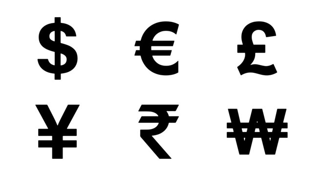Global Currency Symbols Collection: Dollar, Euro, Pound, Yen, Rupee, Won Icons