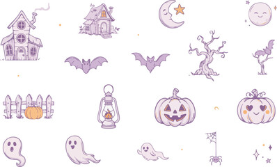 Fototapeta premium Halloween spooky night elements vector collection, haunted house, ghosts, bats, pumpkins, and moon