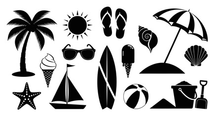 Obraz premium Collection of Summer Beach Vacation Silhouettes, Palm Tree, Sun, Flip-Flops, Surfboard, Umbrella, Sand Bucket, isolated white background