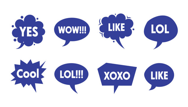 Set of eight blue speech bubbles with different words like yes wow like lol cool xoxo comic style design.