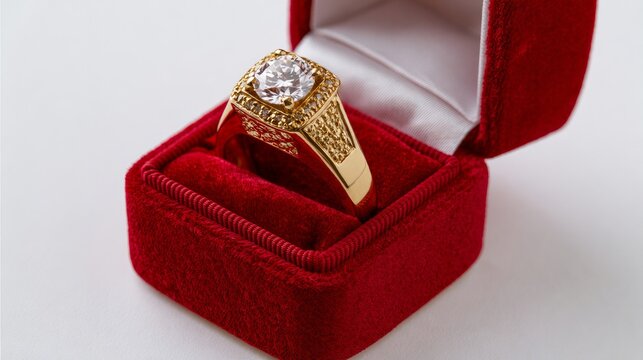 Ring with diamond and gold sits in red velvet box on white.
