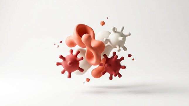 Abstract 3d illustration of clay model coronavirus pathogens and organic liquid cells floating on white background