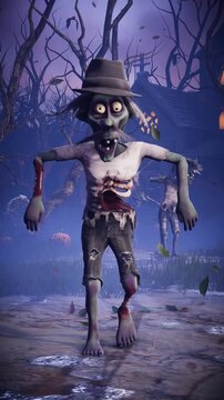 Halloween party. Funny zombie and skeletons dancing in a scary gothic cemetery. 3D animation for holiday cards, invitations, posters, events, parties