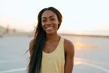 Fototapeta premium Young woman with long braids wearing a yellow tank top at sunset on the beach for lifestyle banner background and casual portrait design