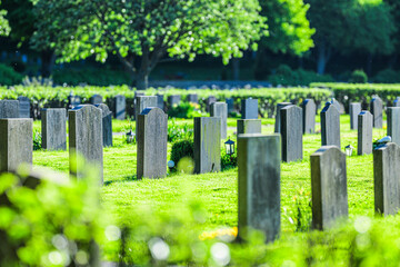Peaceful cemetery lawn with many upright stone headstones. © Trygve