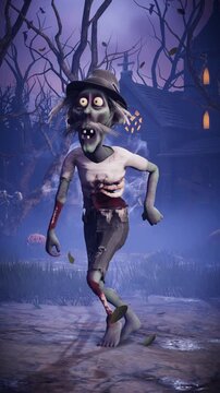 Halloween party. Funny zombie and skeletons dancing in a scary gothic cemetery. 3D animation for holiday cards, invitations, posters, events, parties