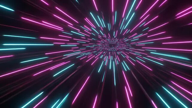 Abstract light rays radiating from center in dark space
