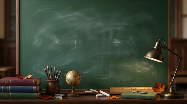 Vintage school desk with chalkboard books and autumn foliage