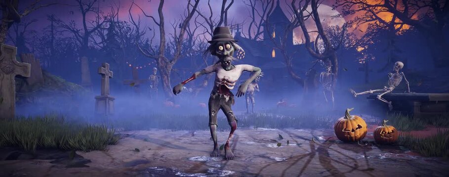 Halloween party. Funny zombies and skeletons dancing in a scary gothic cemetery. 3D animation for holiday cards, invitations, posters, events, parties