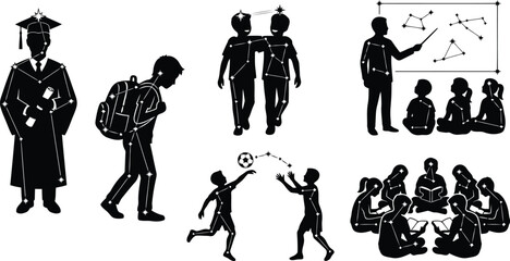 Set of black silhouettes of children and students designed as connected constellations and stars © FayazAhmed