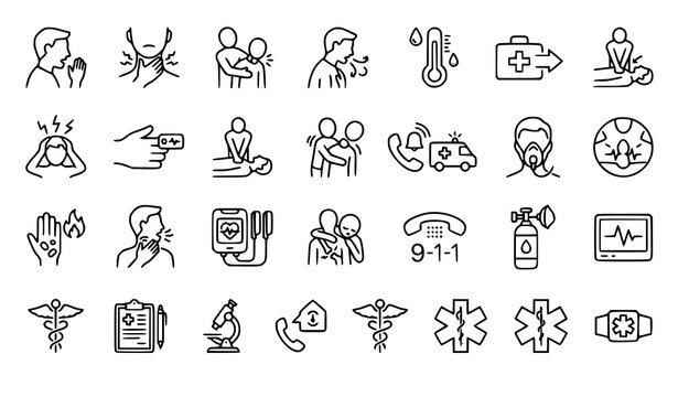 Comprehensive First Aid and Emergency Medical Line Icon Set Featuring CPR Choking Rescue Ambulance Defibrillator Hospital and Healthcare Safety Vector Elements